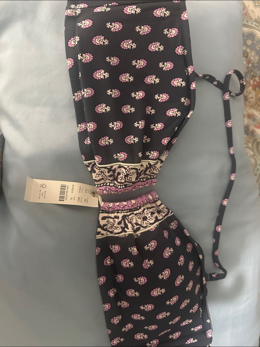 J. Crew Bandeau Bikini Top Best Buds Midnight Blockprint Boho Lilac Navy XL New